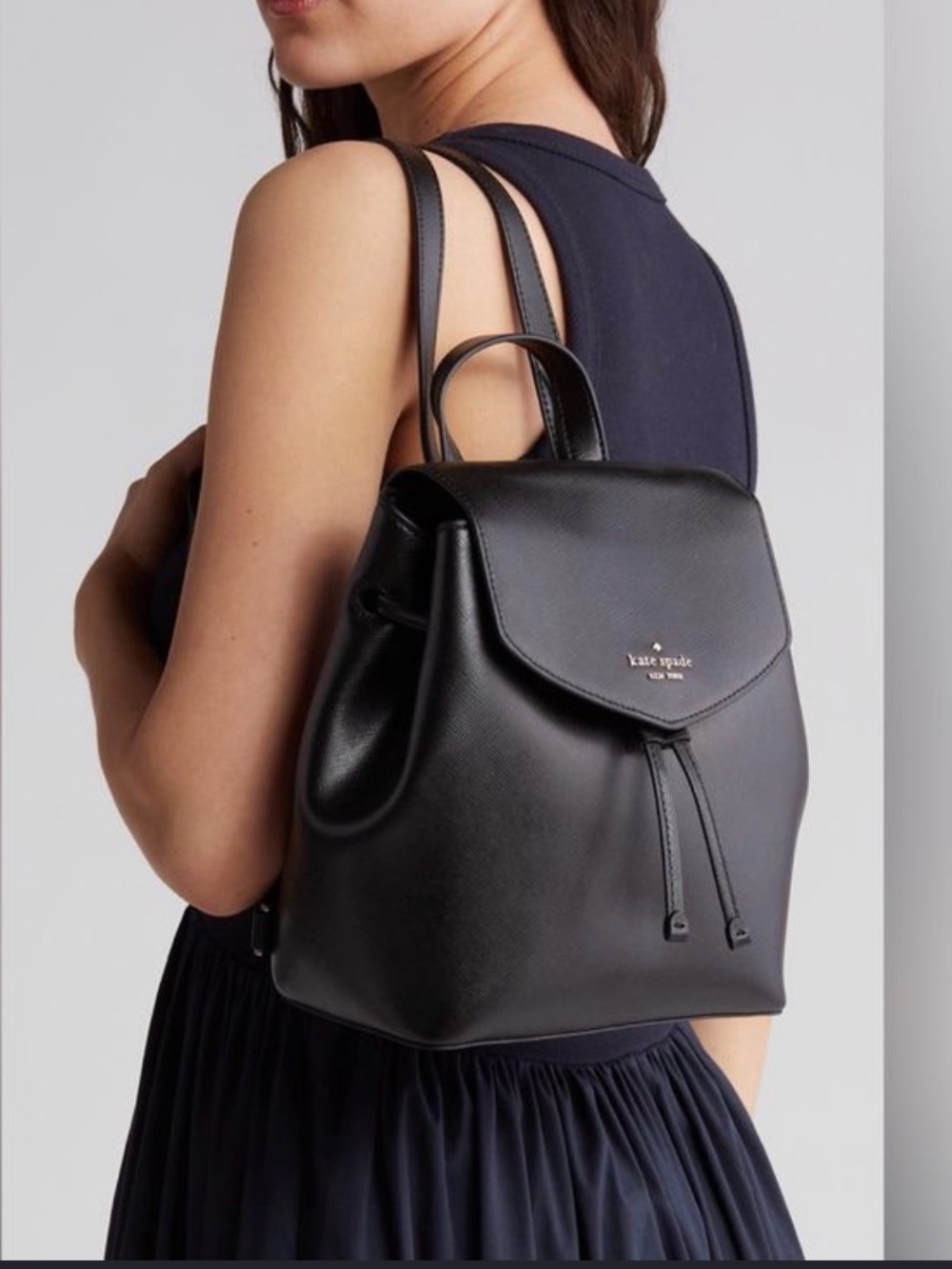 kate spade Black Saffiano Leather Drawstring Backpack
